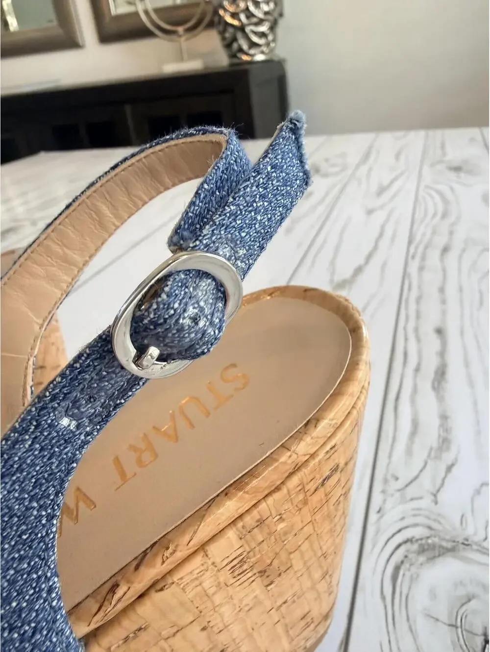 Stuart Weitzman Women's Size 6 Jean Denim Cork Wedge Peep Toe Slingback Sandals - Picture 10 of 15